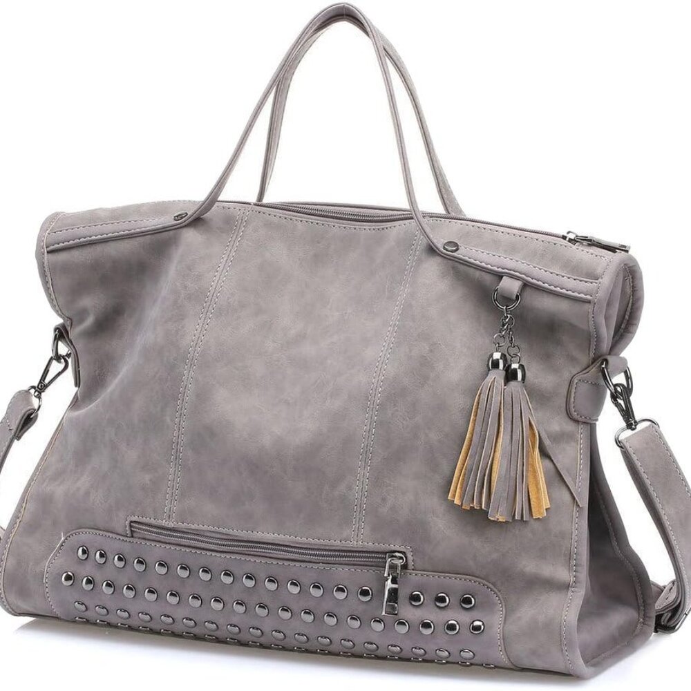 Source Unknown Gray Studded Tote with Tassel Accent